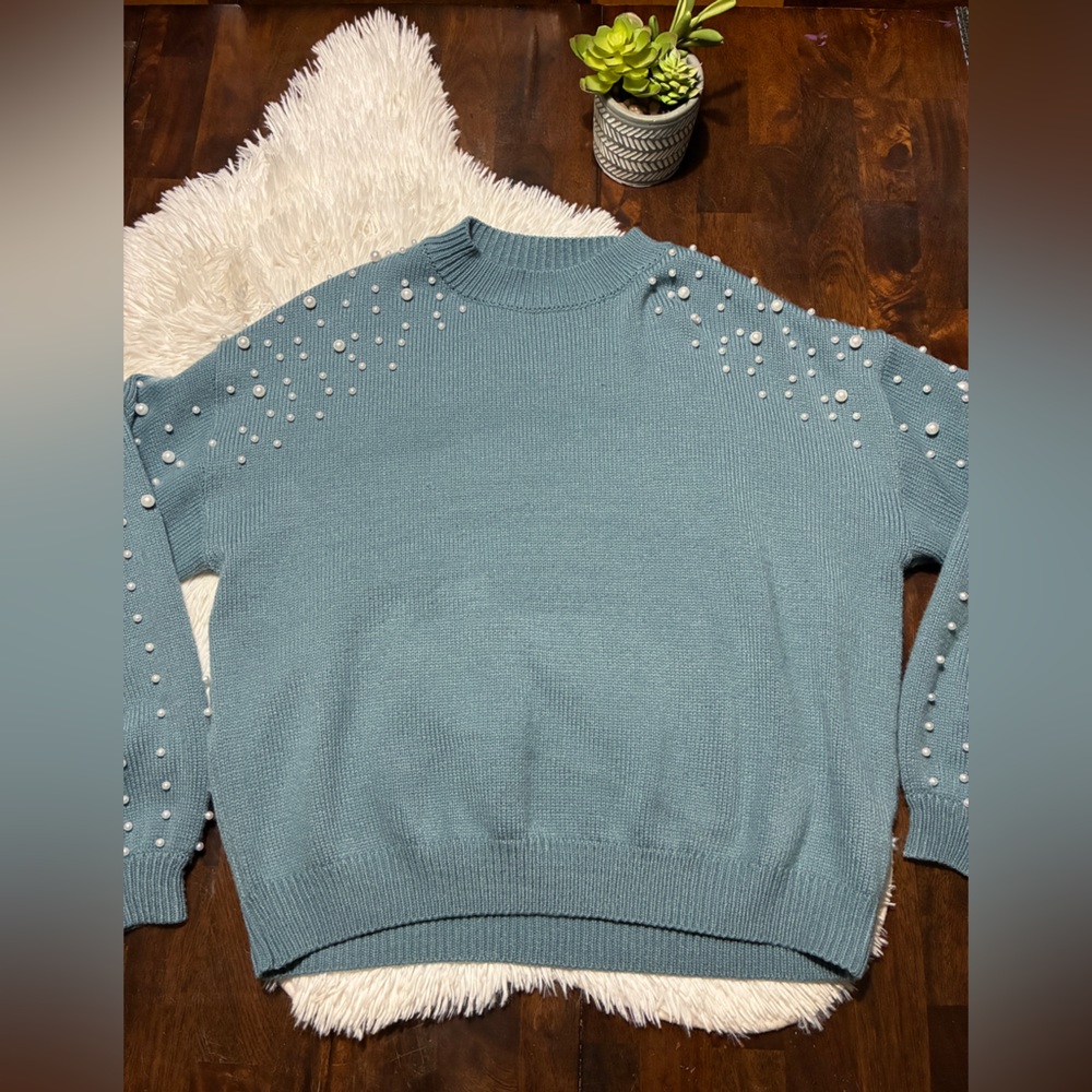 Women's Teal Pearl-Embellished Sweater - Picture 2 of 11